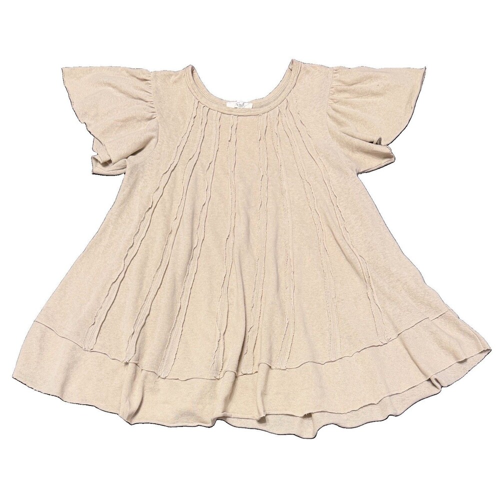Easel Womens Small Top Beige Short Sleeve, Pleated Raw Hems, Boho, Stretchy